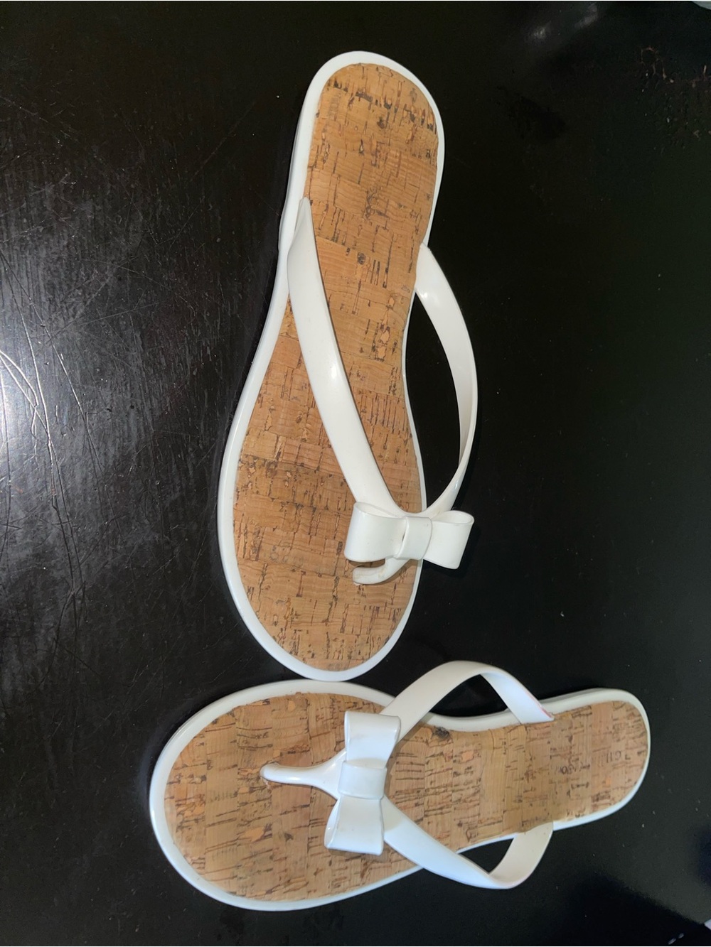 White Bow Cork-Textured Women's Flip Flop Sandals